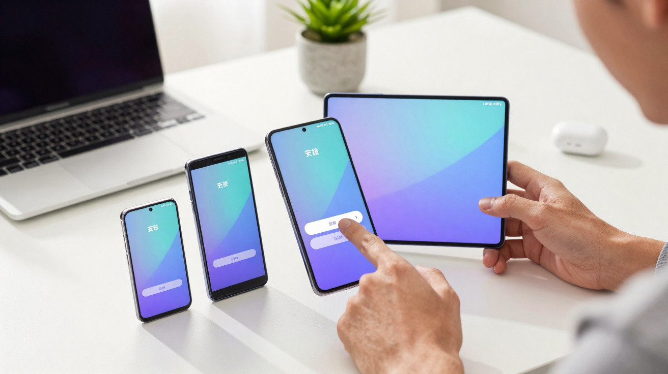 Person bedient ein faltbares Smartphone, daneben weitere Smartphones und Laptop auf weissem Tisch.