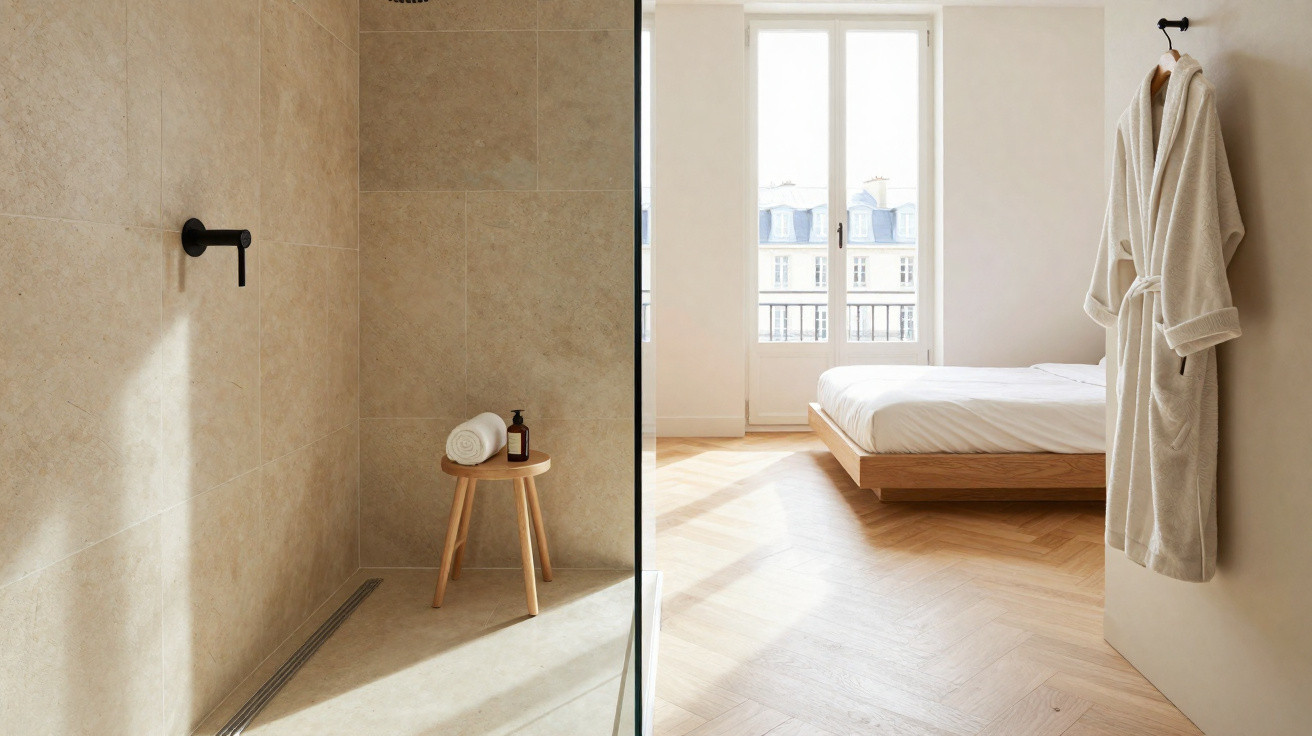 Helles, minimalistisches Schlafzimmer mit Holzparkett und offener Dusche mit Hocker, Handtuch und Bademantel.