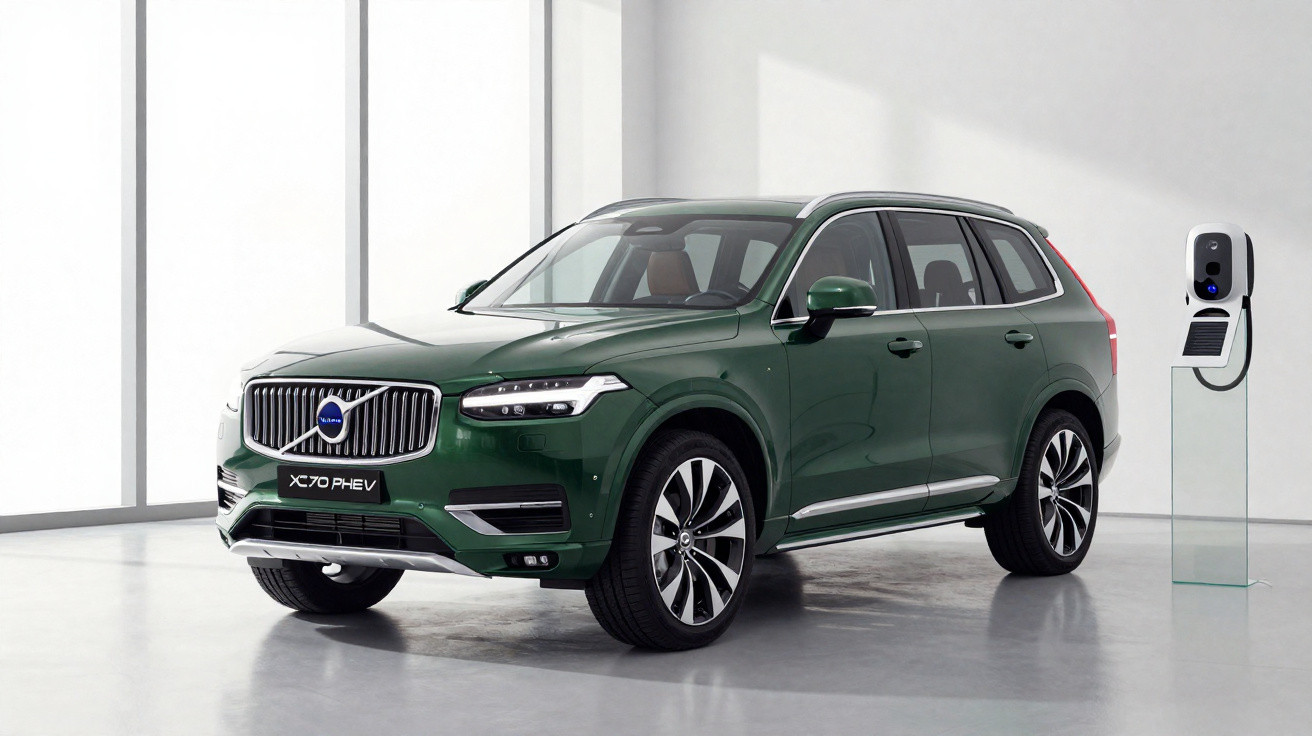 Grüner Volvo XC70 PHEV SUV steht in einem hellen Raum neben einer Ladestation.
