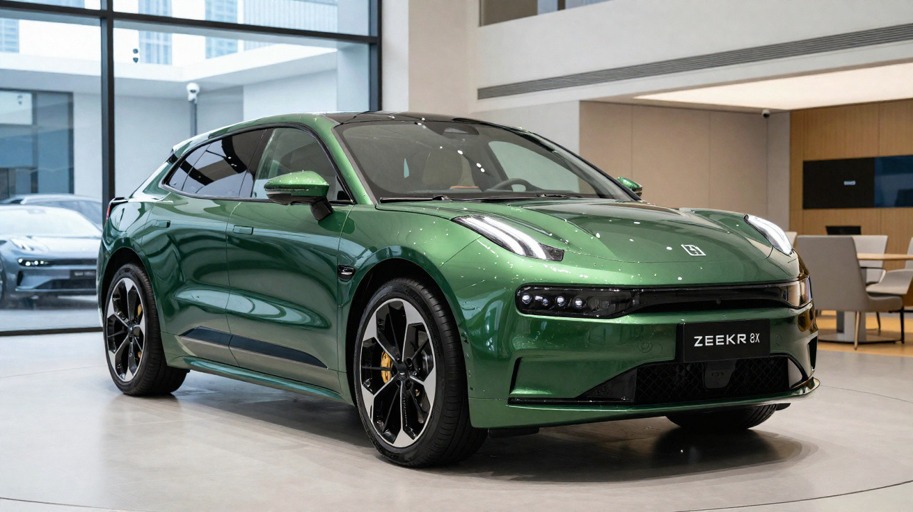 Grüner Zeekr 8X Elektro-SUV in modernem Showroom mit grosser Fensterfront und Möbeln im Hintergrund.