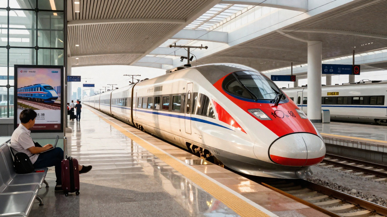 Moderner, rot-weisser Hochgeschwindigkeitszug an Bahnhof mit wartendem Passagier und Gepäck.