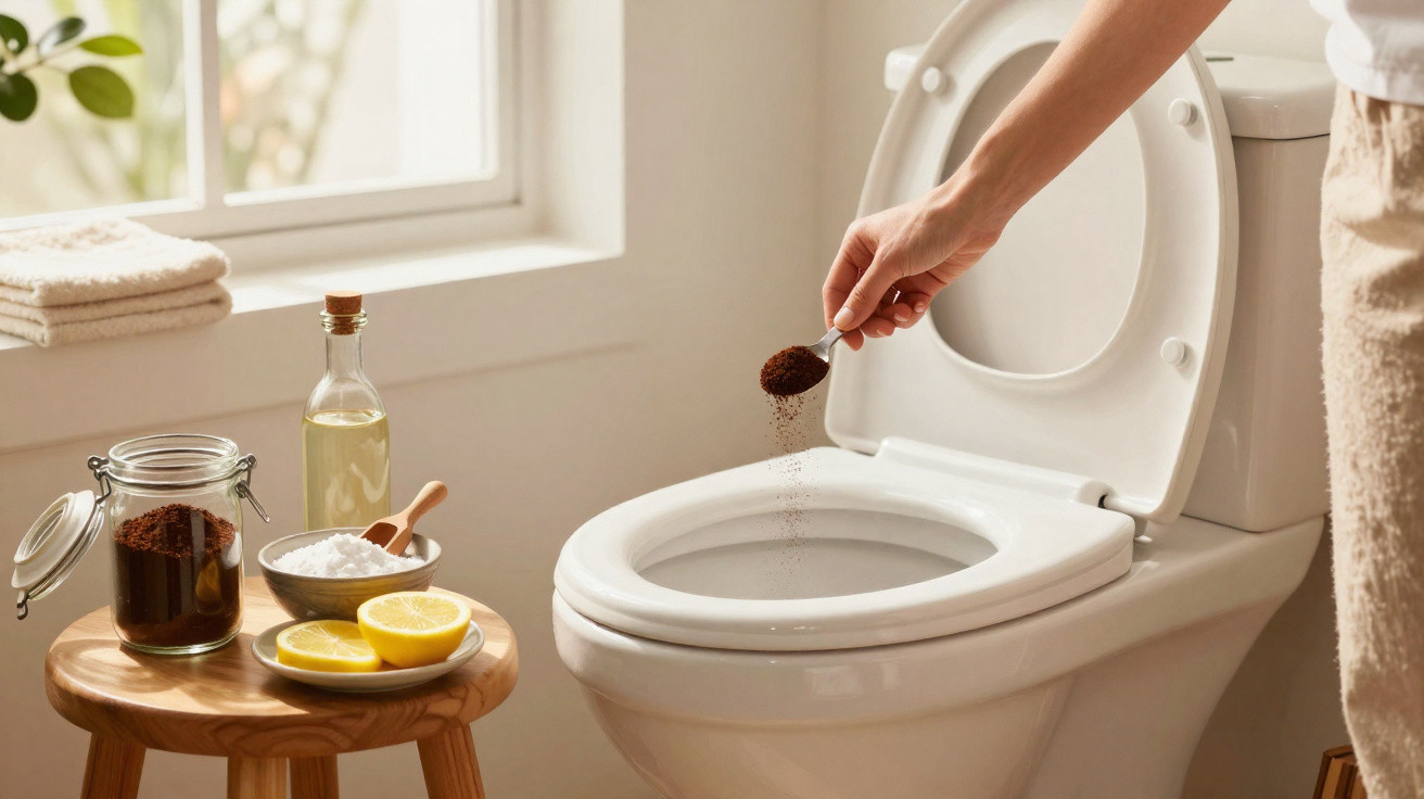 Hand streut Kaffeepulver in WC-Schüssel, umweltfreundliche Toilettenreinigung mit Zitronen und Backpulver daneben.