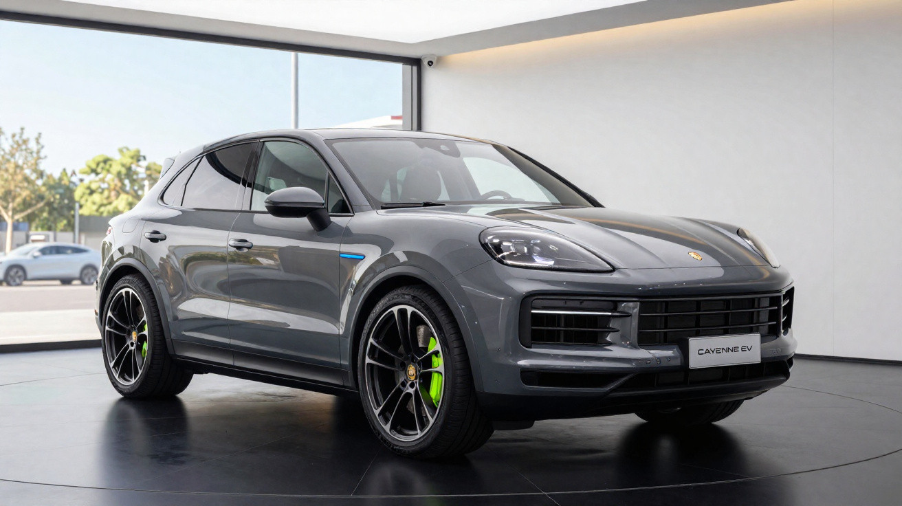 Grauer Porsche Cayenne EV Elektro-SUV steht in hellem, modernem Showroom mit schwarzem Boden.