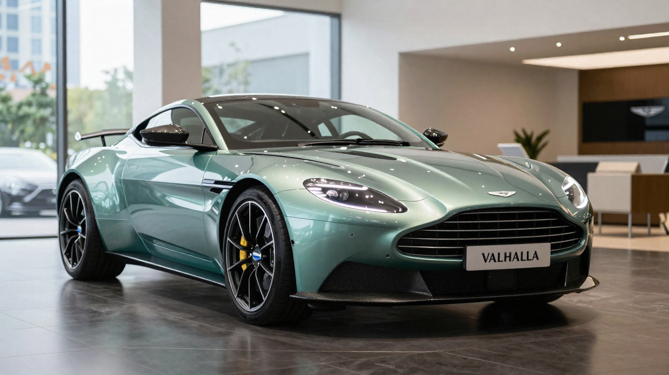 Grüner Aston Martin Valhalla Sportwagen in modernem Showroom mit Glasfenstern und Betonboden.