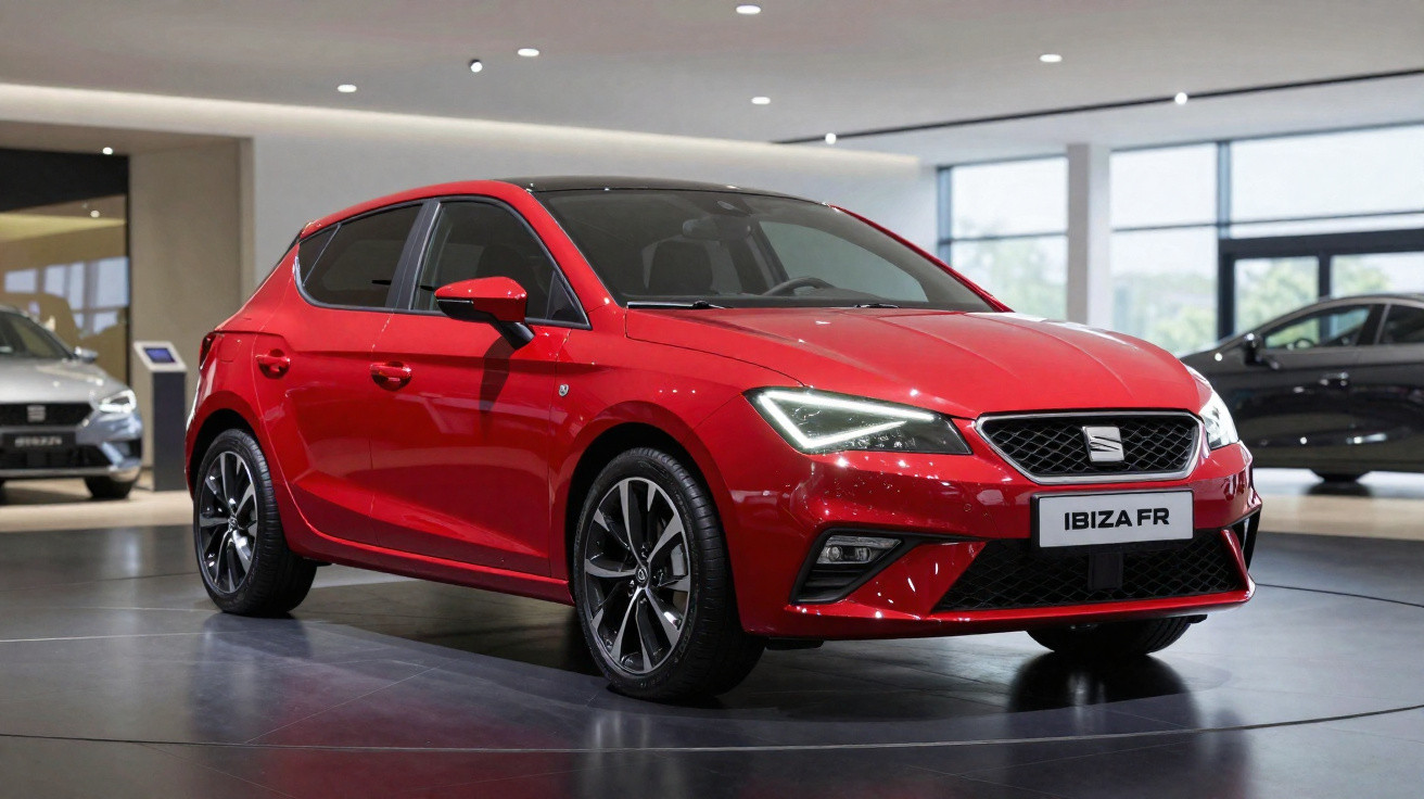 Roter Seat Ibiza FR Fünftürer im hellen Autohaus mit LED-Scheinwerfern und sportlichem Design.