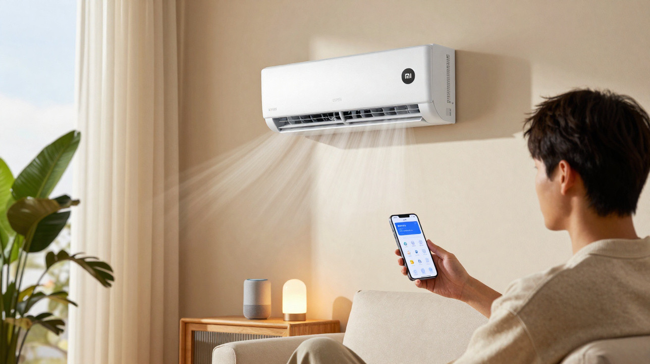Person steuert Xiaomi Klimaanlage mit Smartphone in gemütlichem Wohnzimmer mit Pflanze und Lampe.