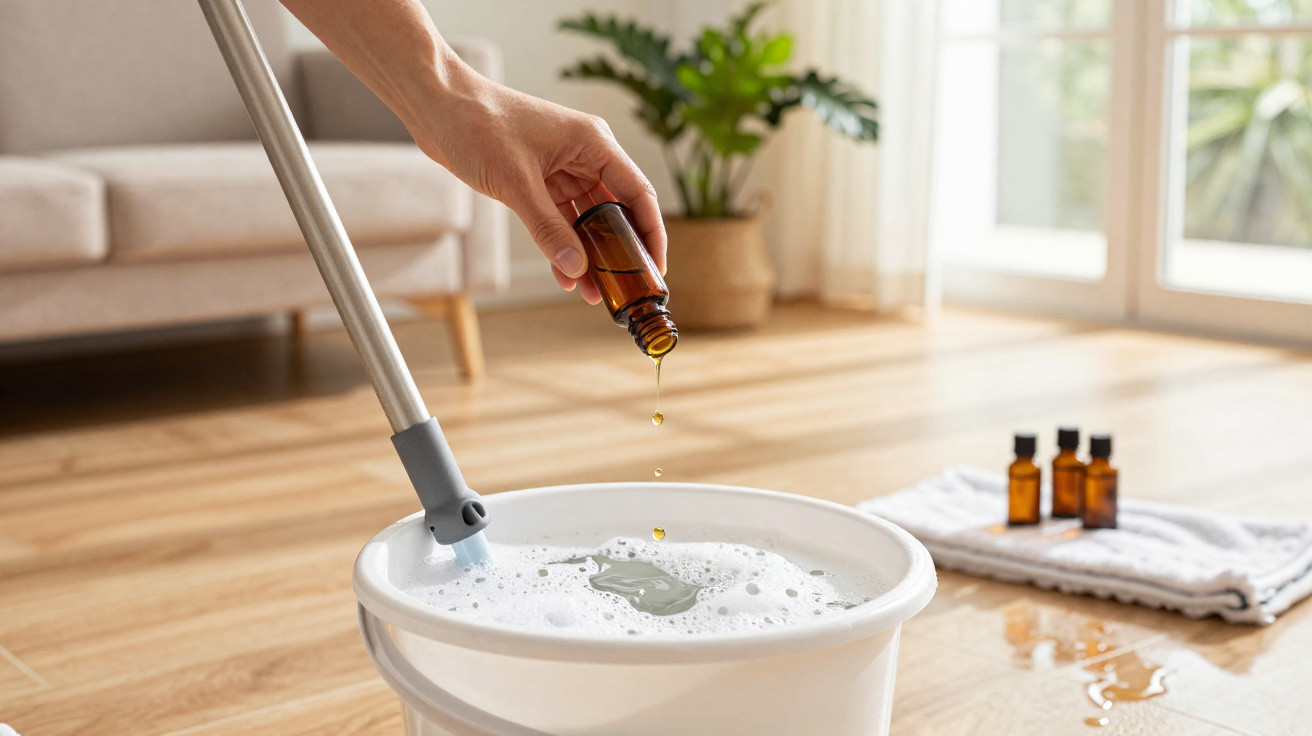Hand träufelt ätherisches Öl in Seifenwasser zum Putzen auf Holzboden im Wohnzimmer.