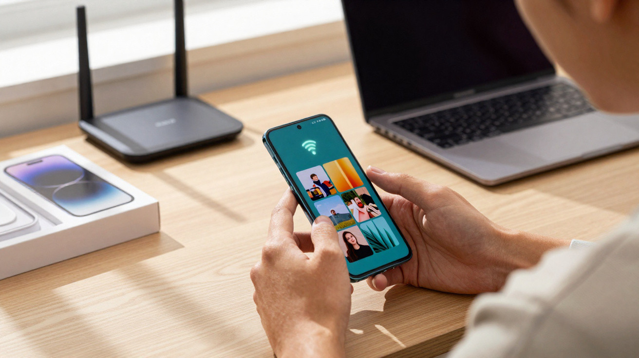 Person hält ein Smartphone mit Videokonferenz, auf Schreibtisch Router, Laptop und Smartphone-Verpackung.