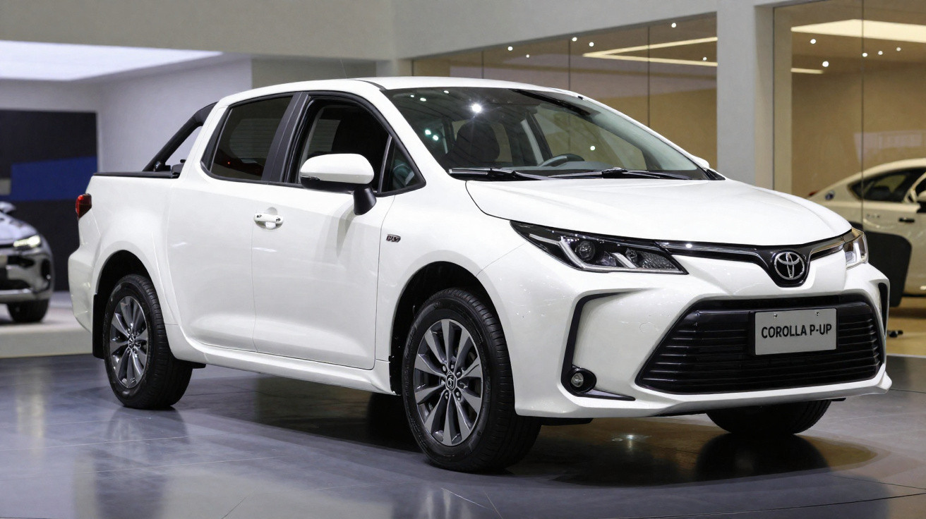 Weisser Toyota Corolla P-Up Pick-up-Truck in Ausstellungsraum mit moderner Beleuchtung.
