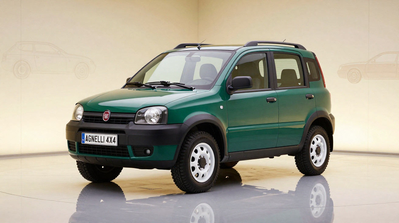 Grün-metallic Fiat Panda 4x4 Offroad-Fahrzeug steht in hellem Studio mit weissem Hintergrund.
