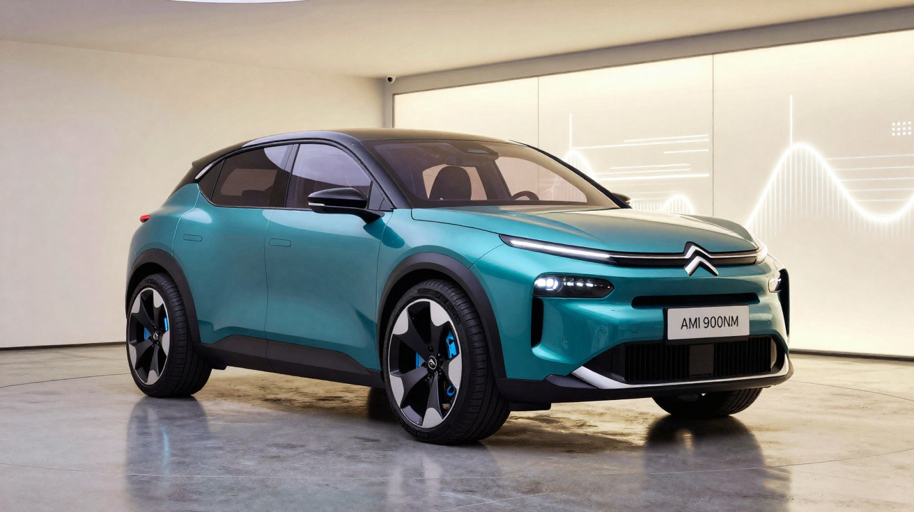Türkisfarbener moderner Citroën AMI 900NM Elektroauto im Showroom mit minimalistischem Hintergrund.