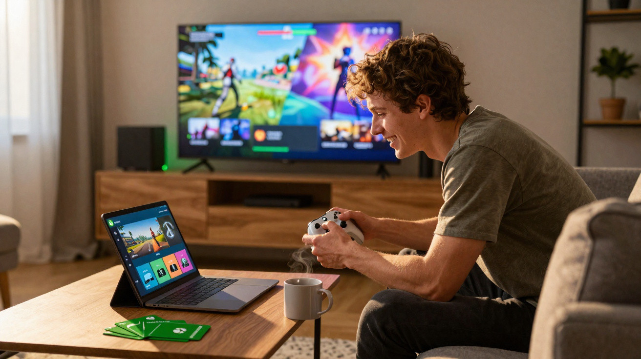 Junger Mann sitzt im Wohnzimmer und spielt Videospiele mit Controller vor Laptop und TV.