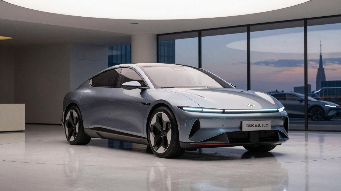 Silberner Hyundai Ioniq 6 Elektroauto in modernem Showroom mit grossen Glasfenstern und Dämmerung draussen.