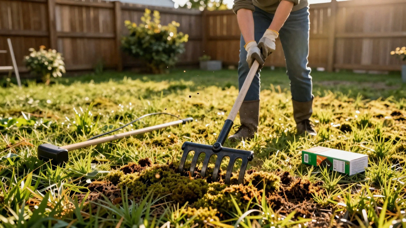 Person mit Handschuhen bearbeitet mit Rechen einen Gartenboden voller Moos bei Sonnenschein im Hinterhof.