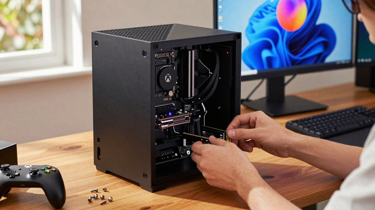 Person arbeitet an offenem PC-Gehäuse auf Holztisch mit Monitor und Xbox-Controller im Hintergrund.