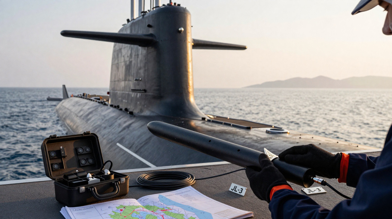 Marineoffizier mit Sonarausrüstung auf U-Boot-Deck bei Sonnenuntergang und Seekarte
