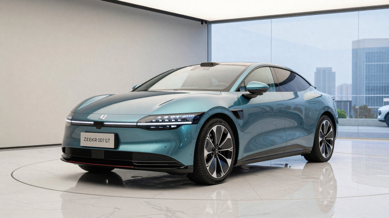 Moderner blau-grüner Elektroauto Zeekr 007 GT in hellem Ausstellungsraum mit Glaswänden.