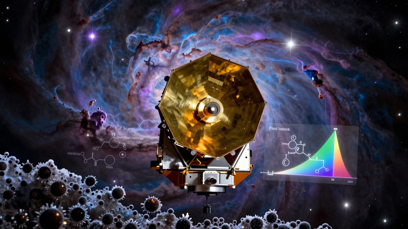 Weltraumteleskop mit goldener Hauptlinse im Orbit vor farbiger Galaxie und schematischen Diagrammen.