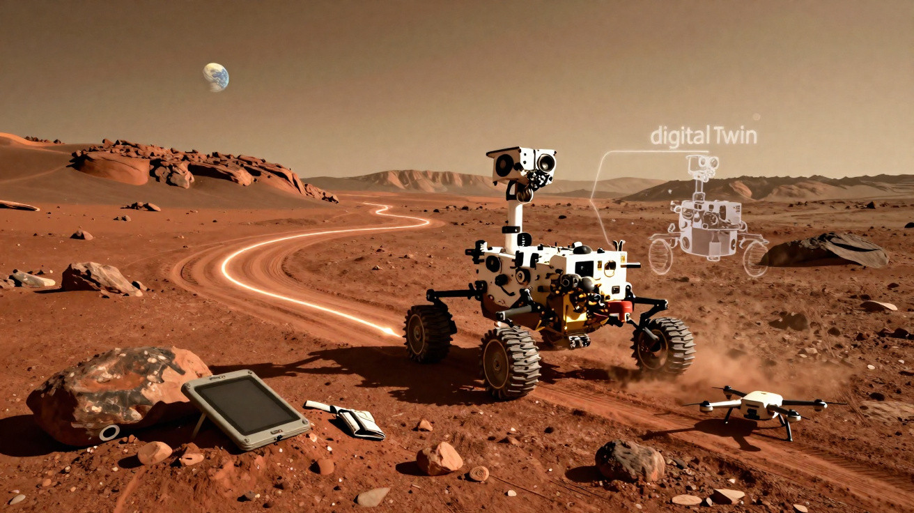 Marslandschaft mit Marsrover, Drohne, Tablet und digitaler Zwilling-Projektion bei Erdaufgang