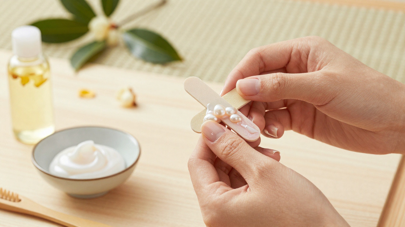 Hände halten Nagelfeile mit Perlen, daneben Pflegecreme, Ölflasche und Bambuszahnbürste auf Holzoberfläche.