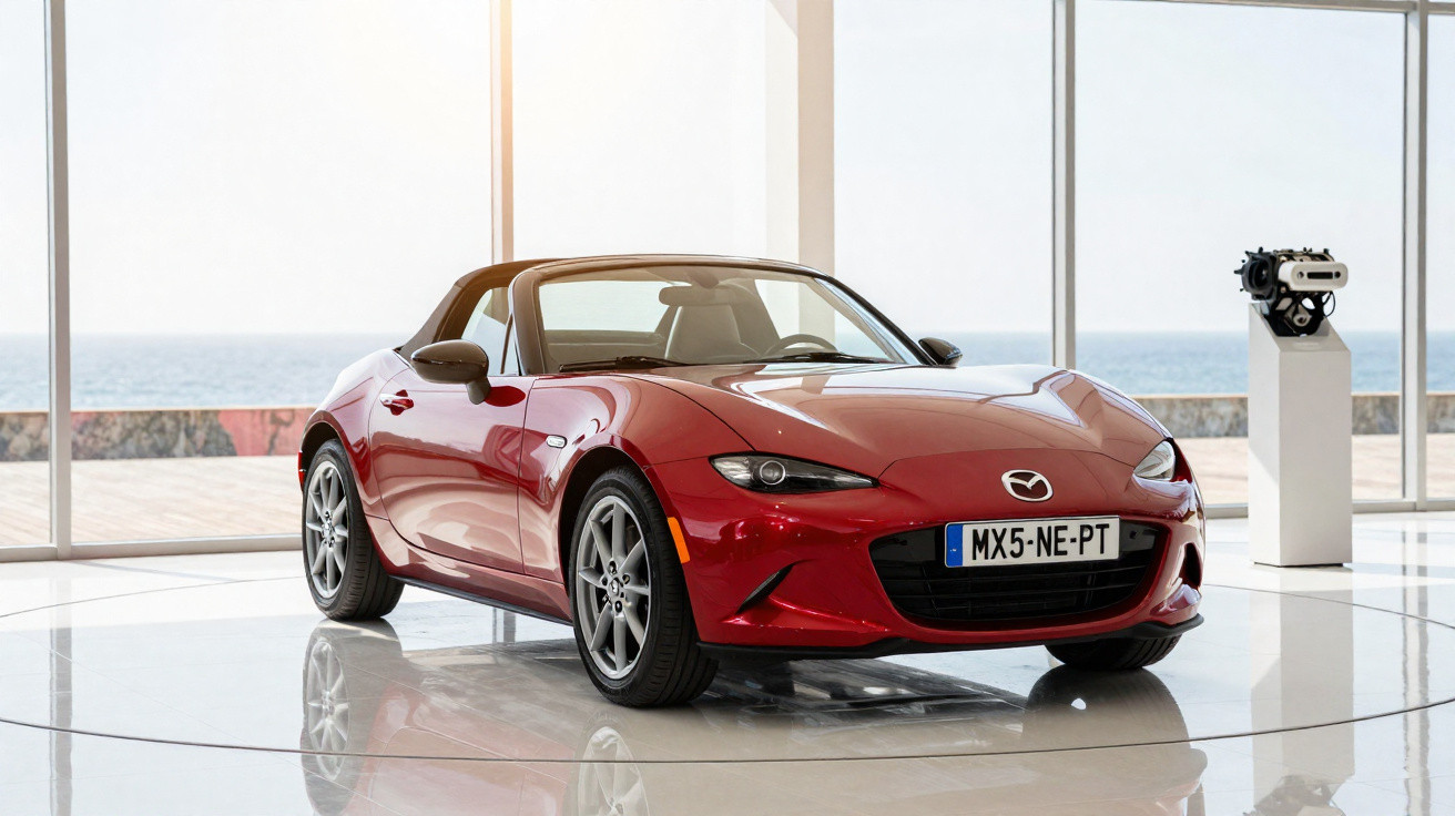 Roter Mazda MX-5 Roadster im hellen Ausstellungsraum mit Meersicht und Motor auf Sockel.