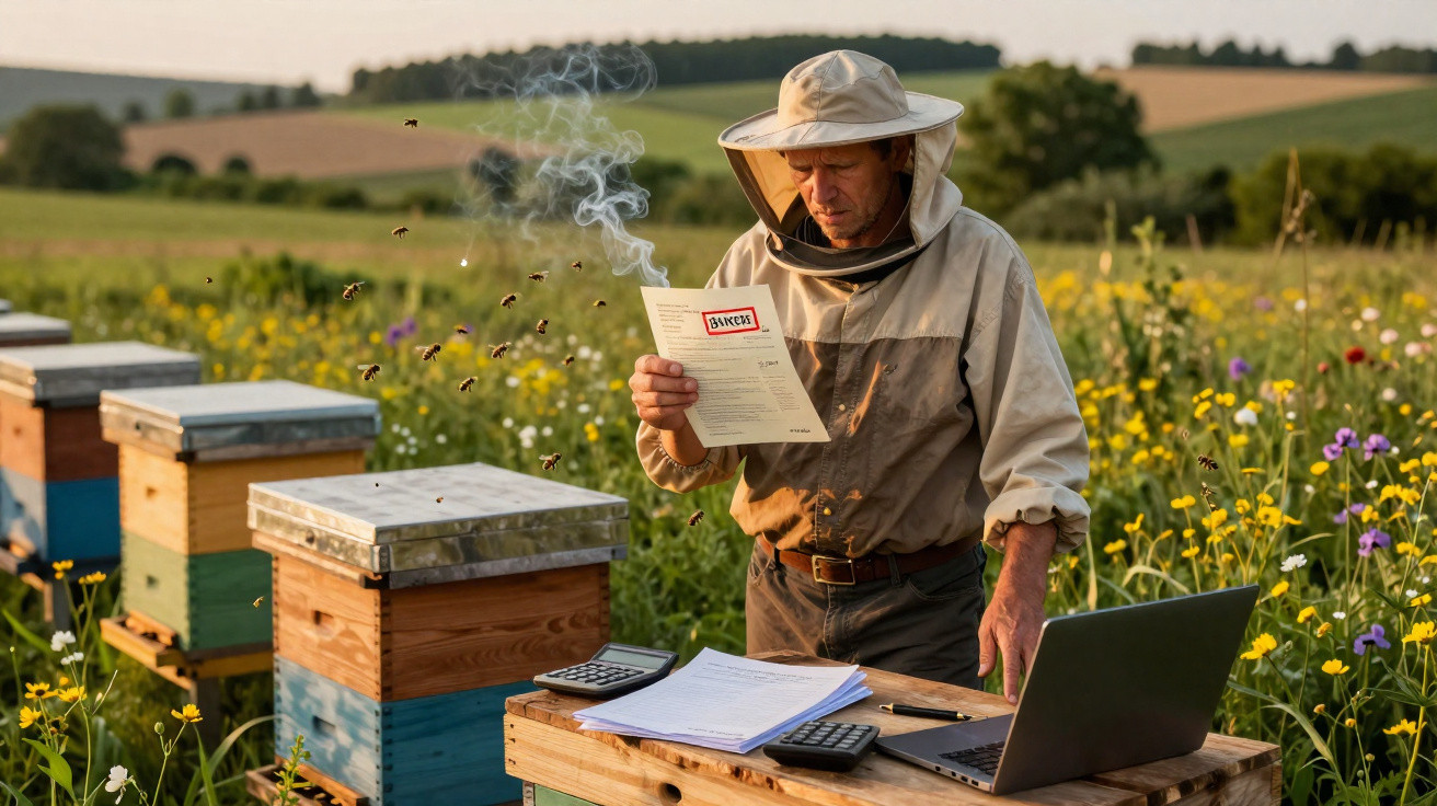 Imker mit Schutzkleidung liest Dokument neben Bienenstöcken in blühender Wiese mit Laptop und Unterlagen.