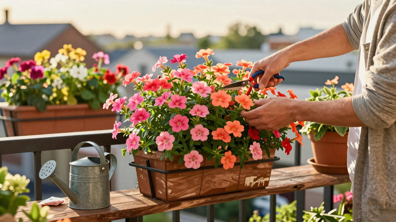Person schneidet bunte Blumen auf Balkon mit Giesskanne und mehreren Blumentöpfen im Hintergrund.