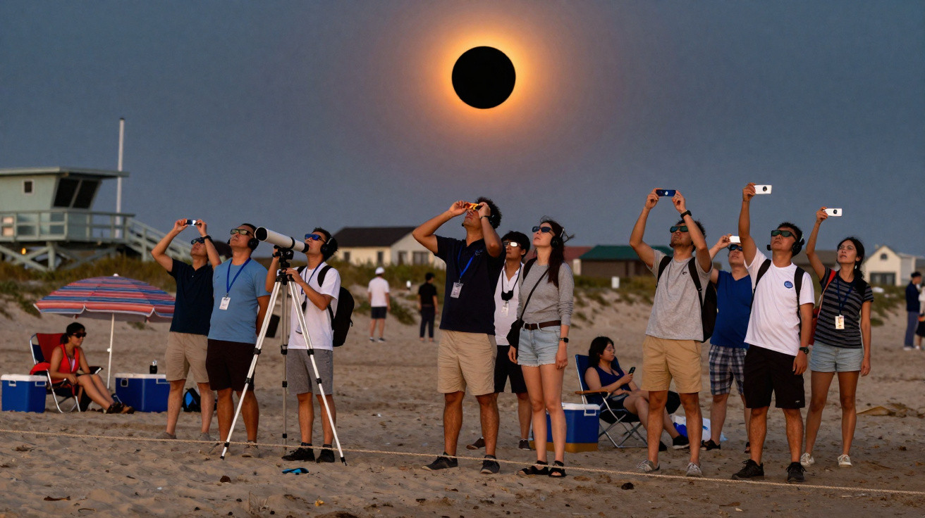 Menschen am Strand beobachten mit Sonnenbrillen und Geräten eine totale Sonnenfinsternis am Himmel.