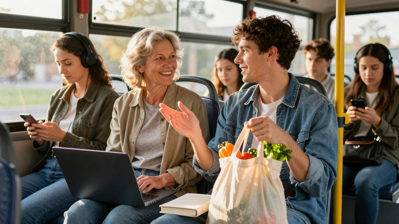 Junge und ältere Person unterhalten sich im Bus, andere Fahrgäste nutzen Kopfhörer und mobile Geräte.