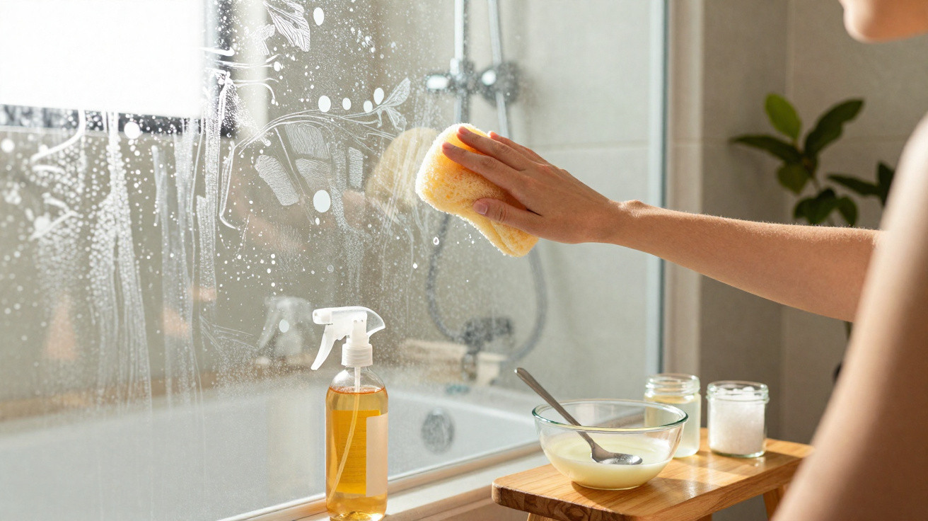 Person wischt mit Schwamm eine Glaswand im Badezimmer, Reinigungsmittel und Schalen auf Holzbrett sichtbar.