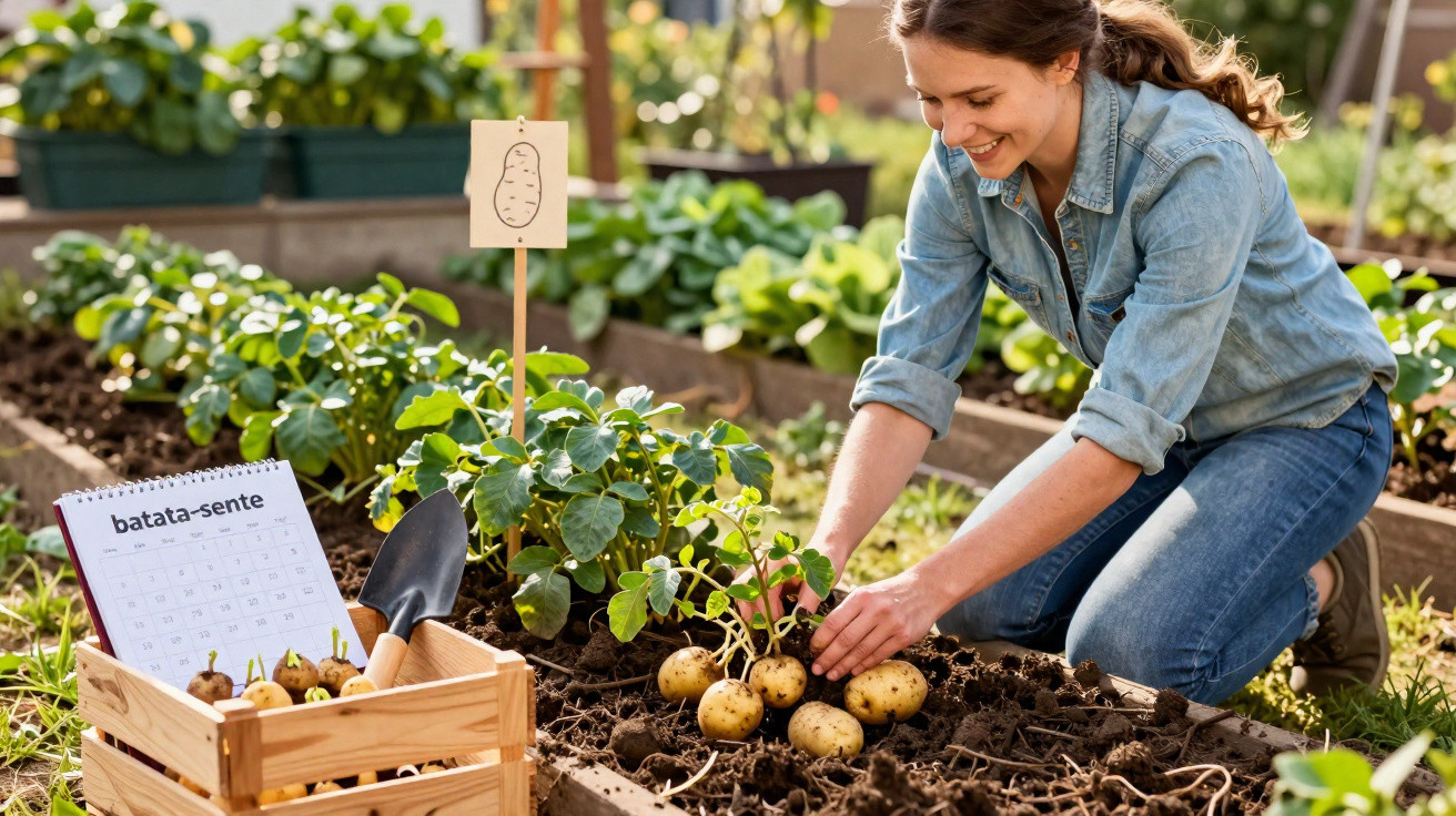 Frau erntet Kartoffeln im Gartenbeet, neben ihr ein Kistchen mit Kartoffeln und einer Schaufel.