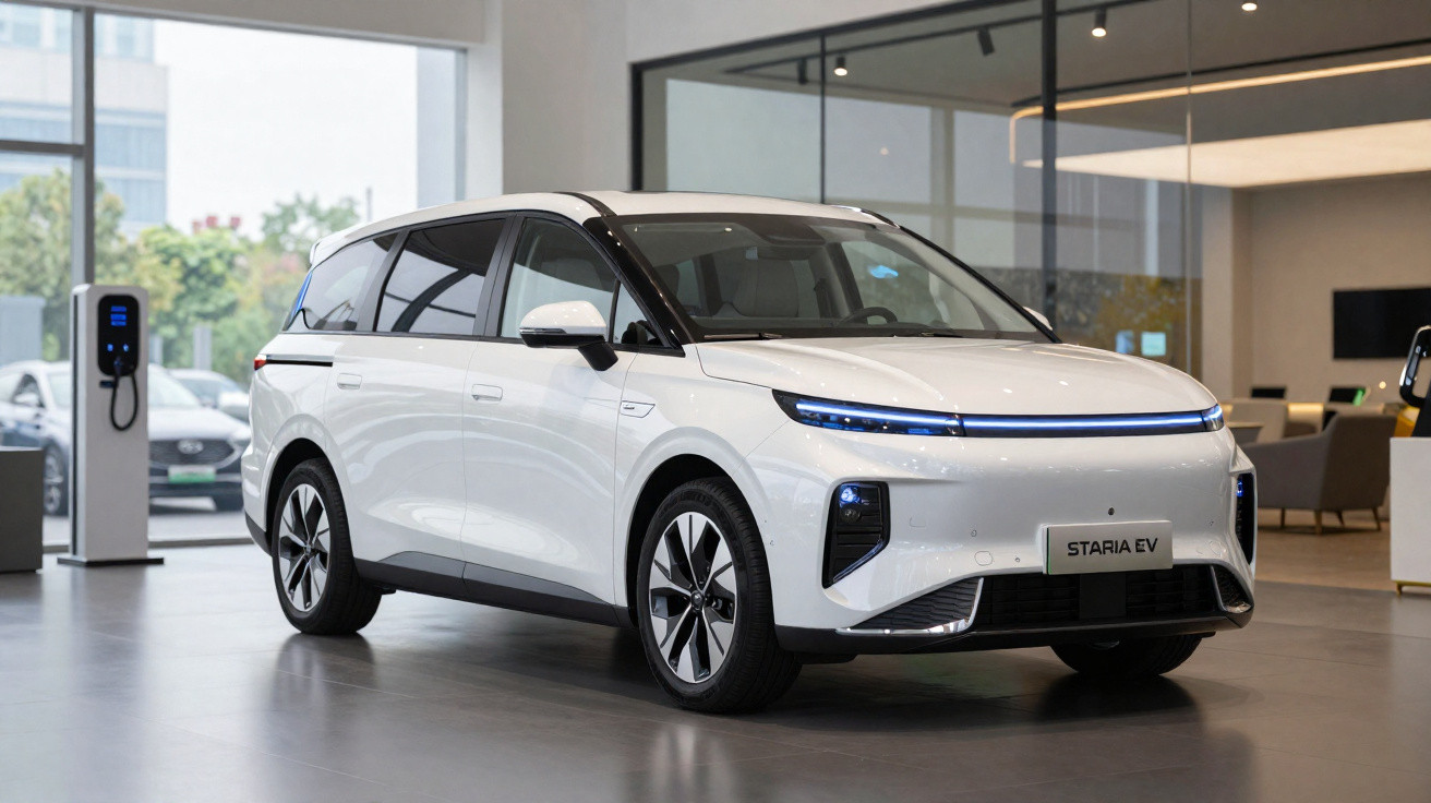 Weisser Hyundai Staria EV Elektrofahrzeug in Autohaus mit Ladesäule im Hintergrund.