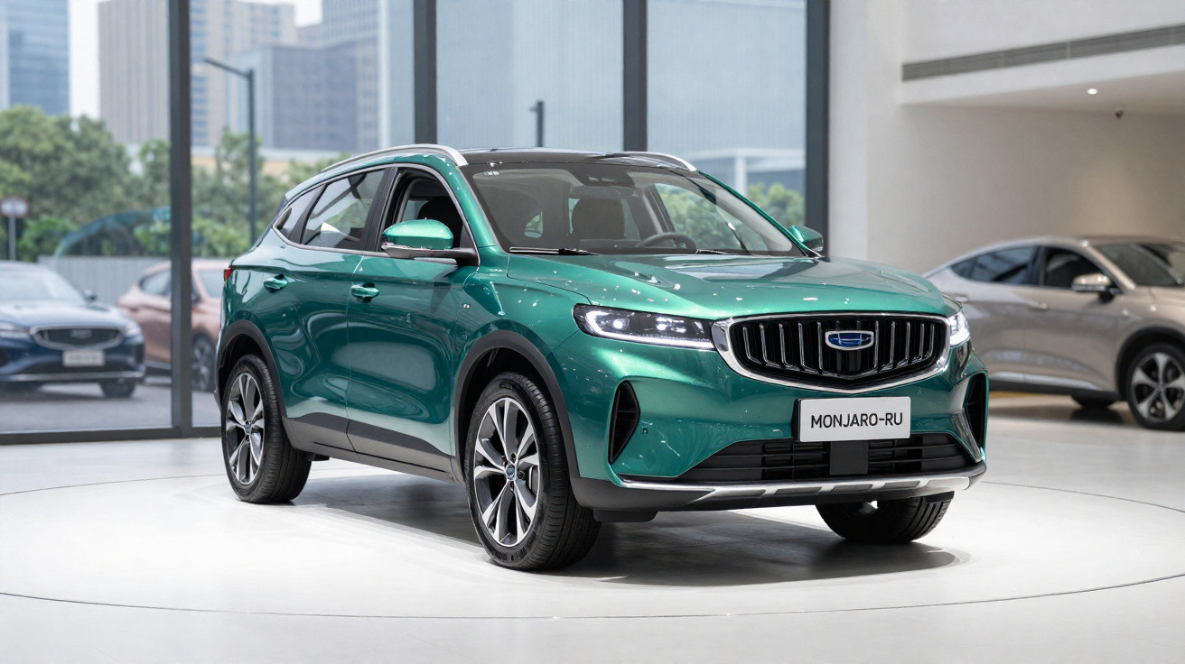Grünes SUV-Modell Geely Monjaro-RU in einer modernen Autoausstellung, seitliche Frontansicht.