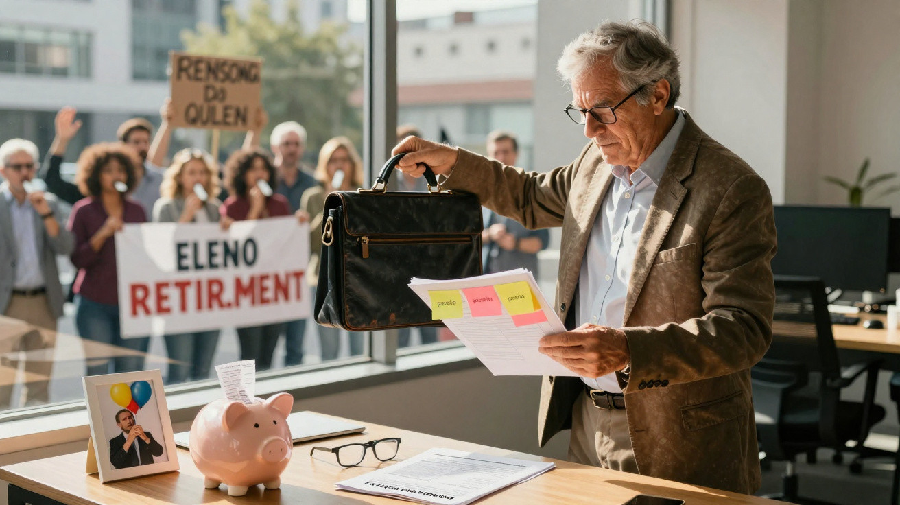 Älterer Mann liest Unterlagen im Büro, Demonstranten protestieren draussen für Pensionierung.