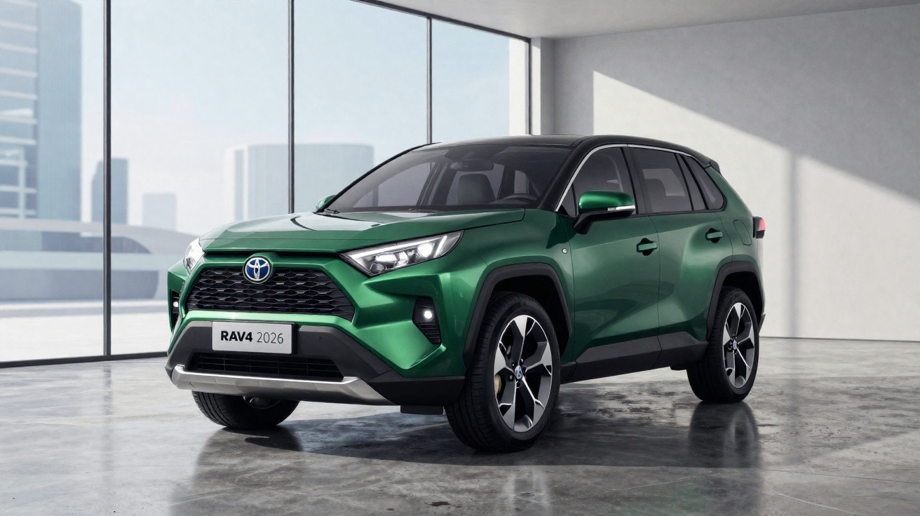 Grüner Toyota RAV4 2026 SUV in modernem, hellen Showroom mit grossen Fenstern und Betonboden.