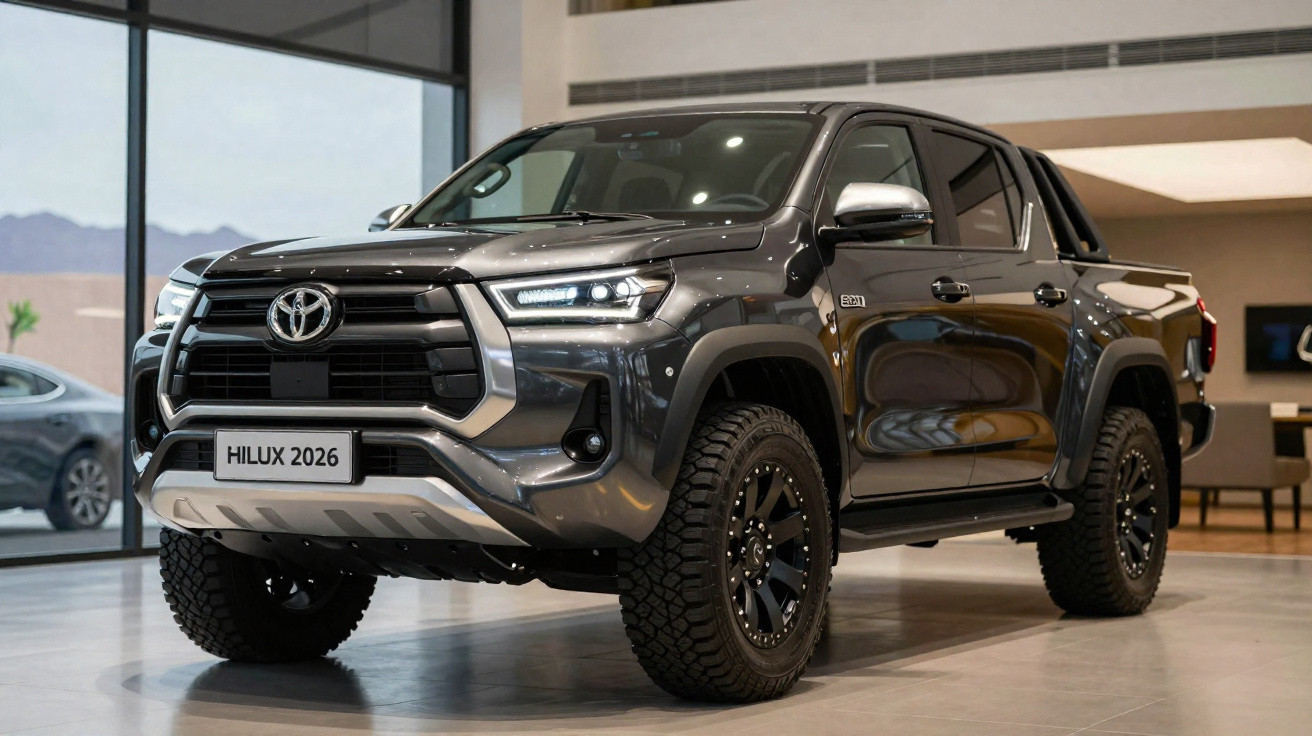 Grauer Toyota Hilux 2026 Pickup mit robusten Offroad-Reifen in einem hellen Showroom.