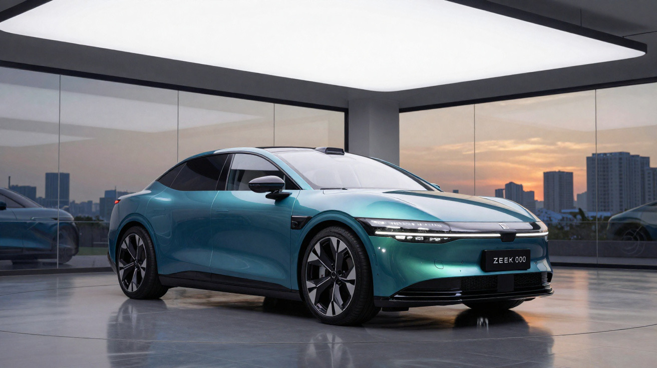Grünes Elektroauto Zeekr 001 in modernem Showroom mit grossen Fenstern und Stadtblick bei Sonnenuntergang.