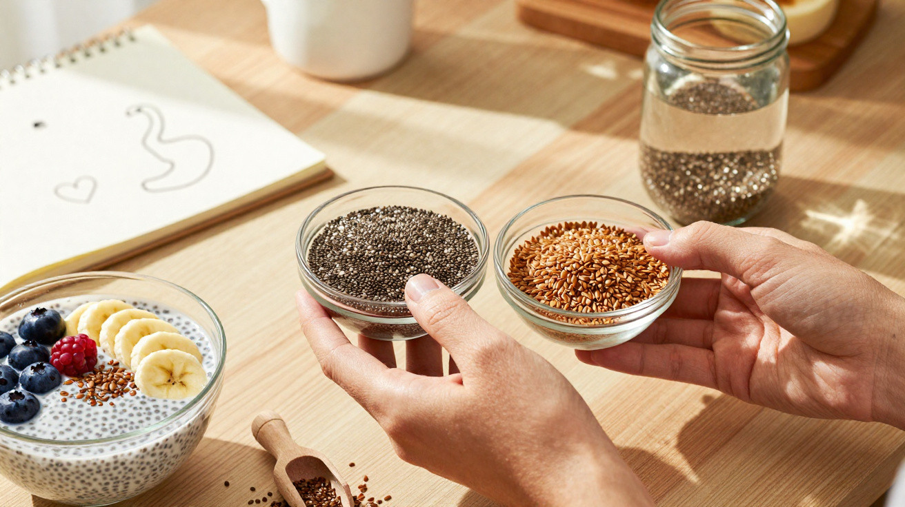 Hände halten zwei kleine Schalen mit Chia- und Leinsamen neben einem Bowl mit Früchten und Samen auf Holztisch.