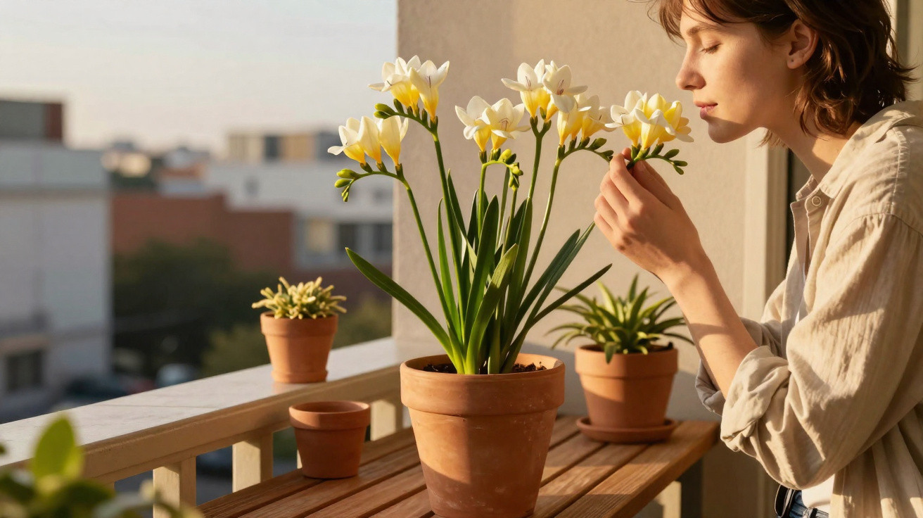 Frau riecht an gelb-weissen Blumen in Tontopf auf einem Balkon bei Sonnenuntergang.