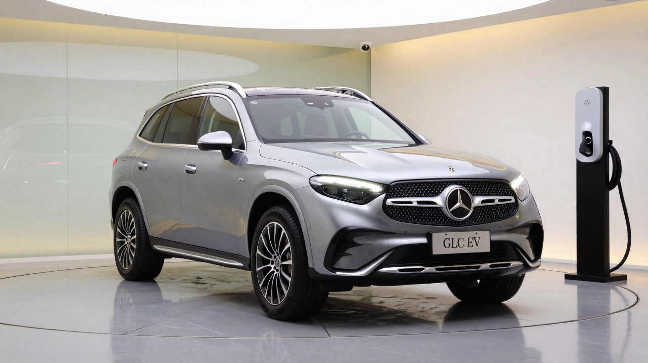 Silberner Mercedes-Benz GLC EV neben Ladestation in modernem Showroom mit hellen Wänden.