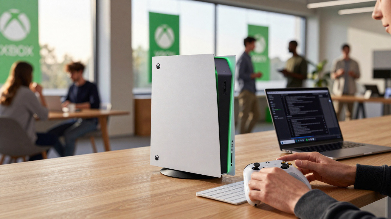 Xbox Series S Konsole auf Tisch mit Controller und Laptop in modernem Büro mit Xbox-Branding im Hintergrund