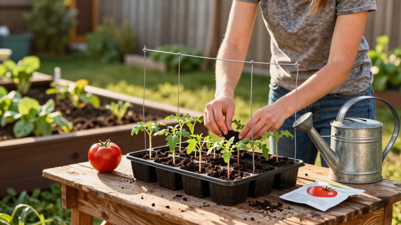 Person pflegt Tomatenpflanzen in Setzlingsschale auf Gartentisch mit Gieskanne und Tomatensamenpackung.