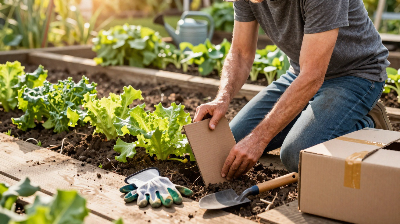 Person pflanzt Salat im Hochbeet mit Gartenschaufel, Handschuhen und Karton bei Sonnenschein.