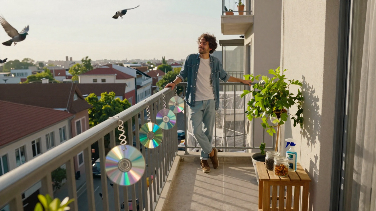 Mann steht entspannt auf Balkon mit CDs an Geländer, grüner Pflanze und Vögeln im Stadthintergrund.