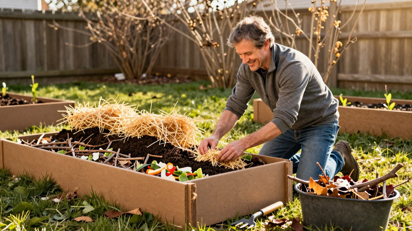 Mann arbeitet im Garten und bedeckt Gemüsebeet mit Stroh als Mulch im Frühling.