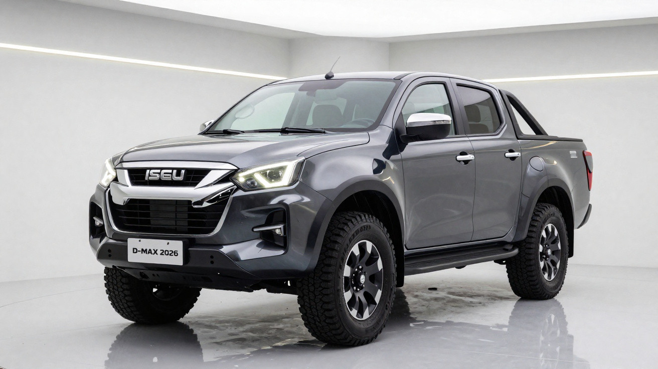 Grauer Isuzu D-Max 2026 Pickup mit Allradantrieb, grosser Bereifung, in schlichtem weissem Studio, Frontansicht schräg rechts