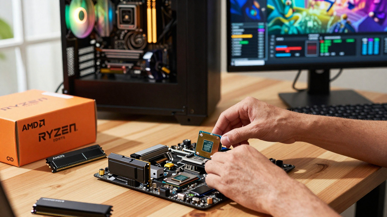 Person installiert AMD Ryzen Prozessor auf einem Motherboard vor PC und Monitor mit Spielanzeige