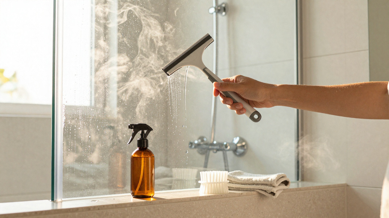 Hand reinigt dampfbedecktes Duschglas mit Fensterwischer, daneben Flasche, Bürste und Tuch.