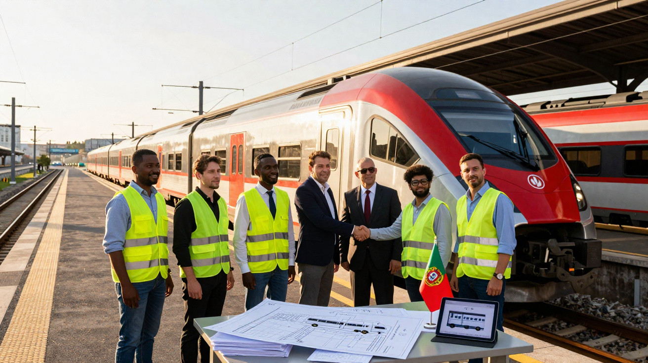 Gruppe von sechs Personen in Warnwesten und Anzügen schüttelt sich die Hände vor einem modernen Zug am Bahnhof.