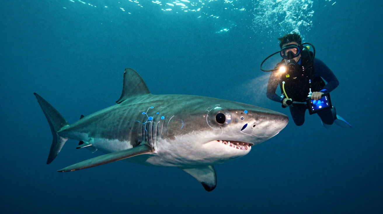 Taucher mit Lampe neben einem Tigerhai im blauen Meerwasser.